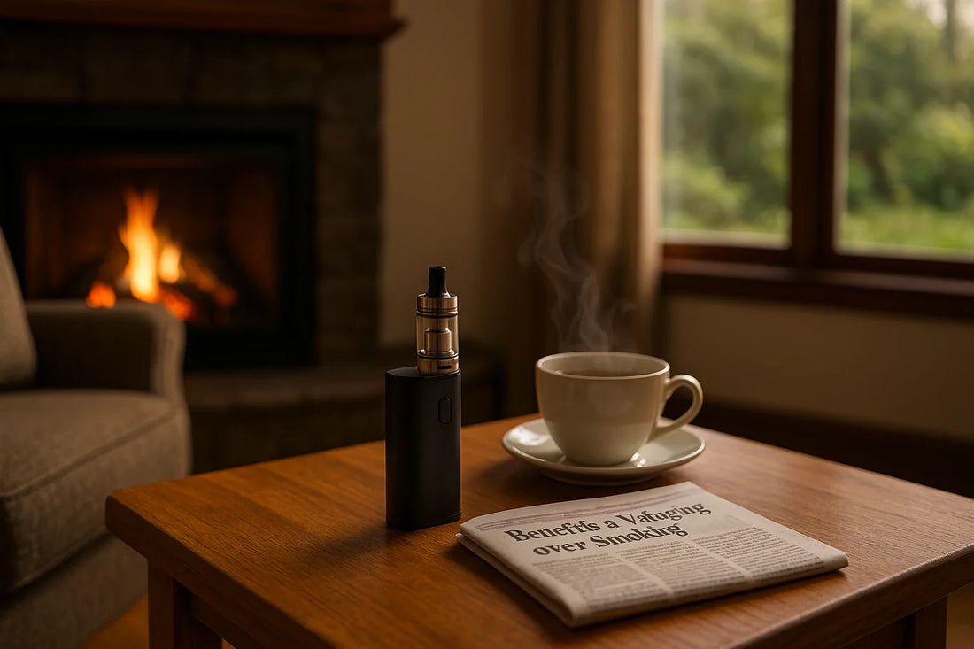 Svart rektangulär elektronisk cigarett med silverdetaljer och texturerat grepp.