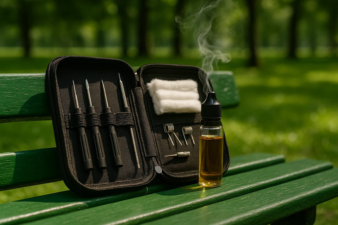 Svart portabel vape-kit med klar glasflaska och rostfritt stålkomponenter.