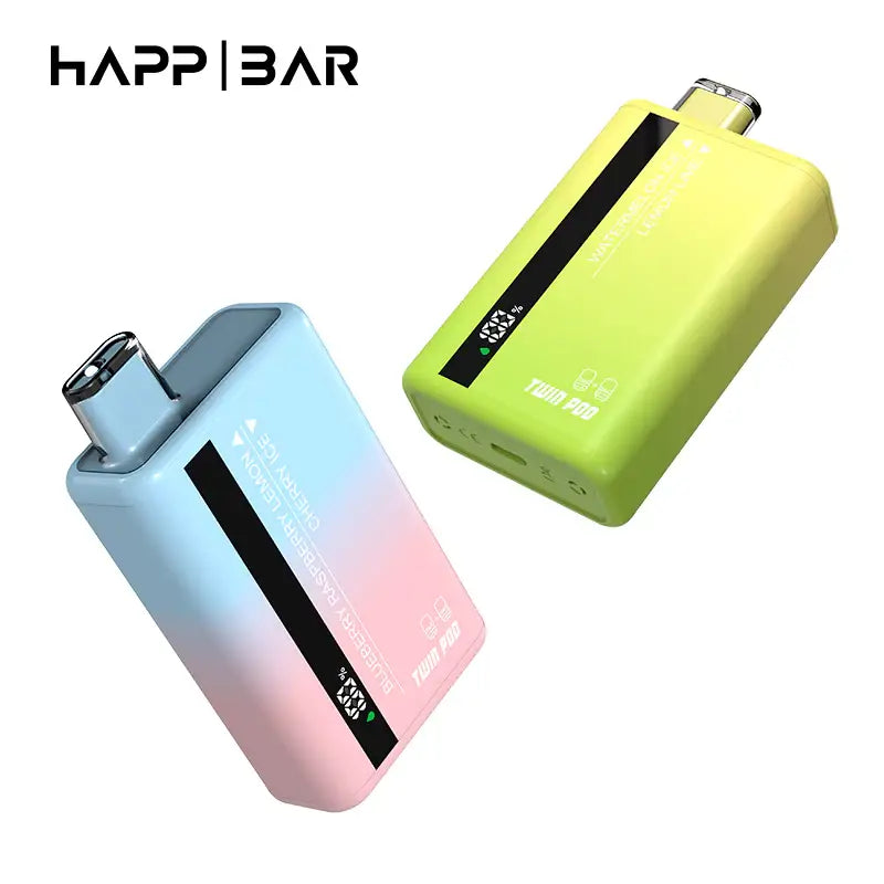 Två färgglada, rektangulära vaping-enheter.