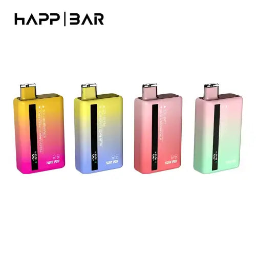 Fyra färgglada vape-enheter med gradient och digital display.