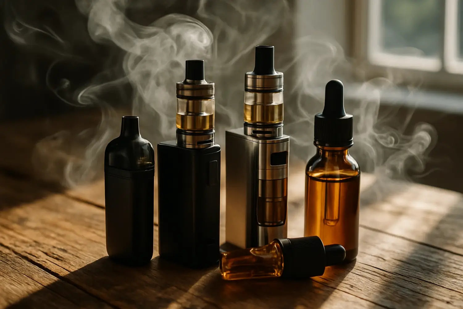 A close-up of assorted vape devices and e-liquid bottles on a rustic wooden table, with sunlight streaming through a nearby window highlighting vapor swirling in the air.