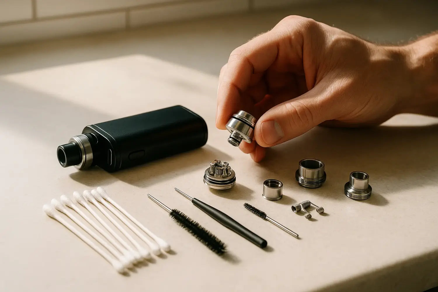 A hand meticulously disassembling a vape device on a clean kitchen counter, surrounded by cleaning tools like cotton swabs, small brushes, and dismantled metal coil parts neatly arranged, with sunlight softly illuminating the scene.