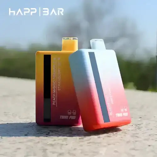 Två färgglada, rektangulära vape-enheter med genomskinliga munstycken.